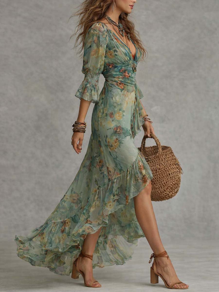 Isla | Boho Floral Maxi Dress with a Romantic Asymmetrical Hem