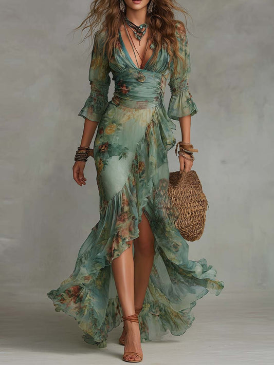 Isla | Boho Floral Maxi Dress with a Romantic Asymmetrical Hem