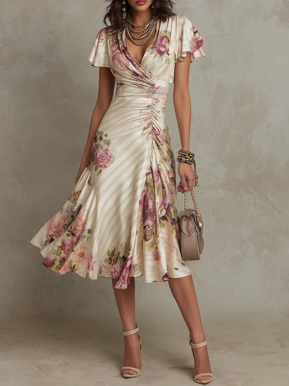 Charlotte | Elegant Retro Floral Satin Midi Dress