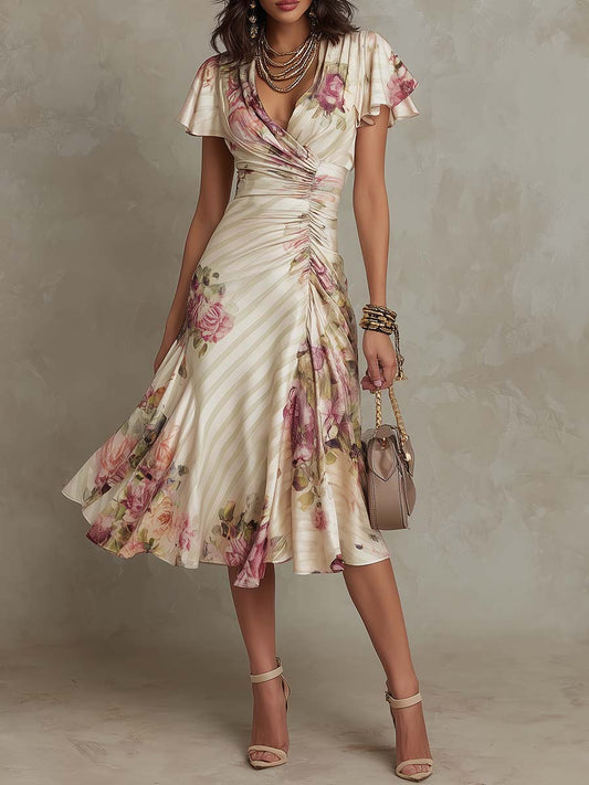 Charlotte | Elegant Retro Floral Satin Midi Dress