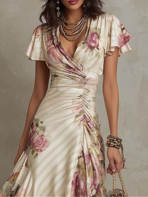 Charlotte | Elegant Retro Floral Satin Midi Dress