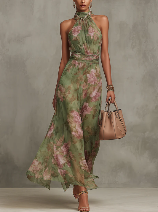 Serena ∙ Green Floral Chiffon Maxi Dress with Halter Neckline